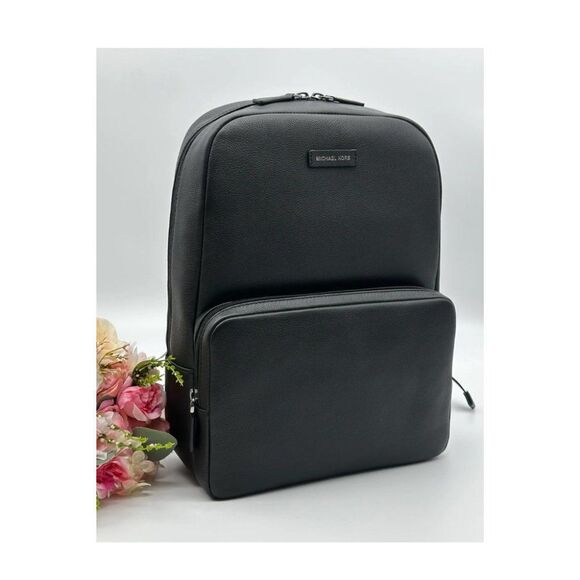 Michael Kors Men’s Black Front Zippers Pocket Leather Travel Backpack - Picture 2 of 16